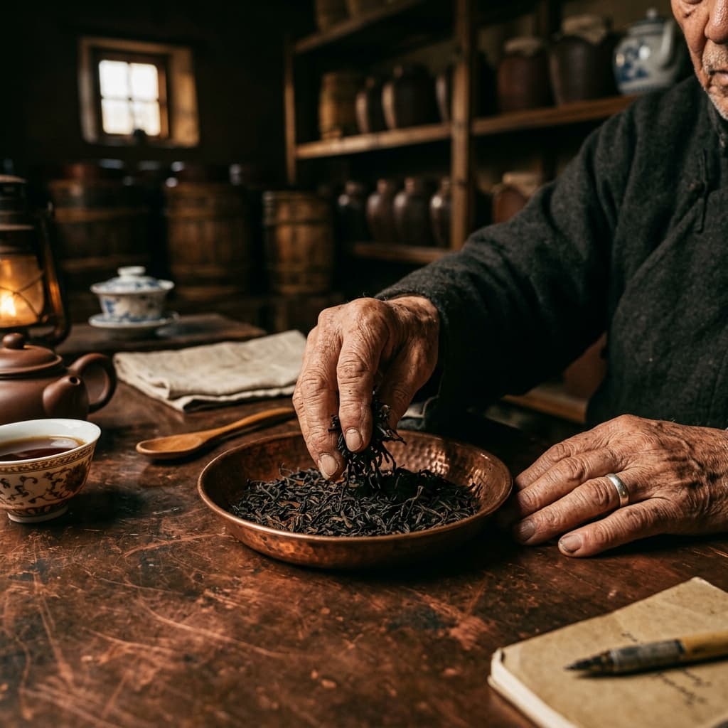 Master tea taster evaluating premium black tea leaves